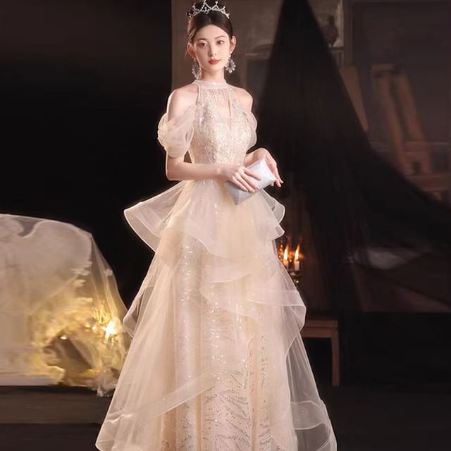 Sequined Ruffled Cold-Shoulder Evening A-Line Gown