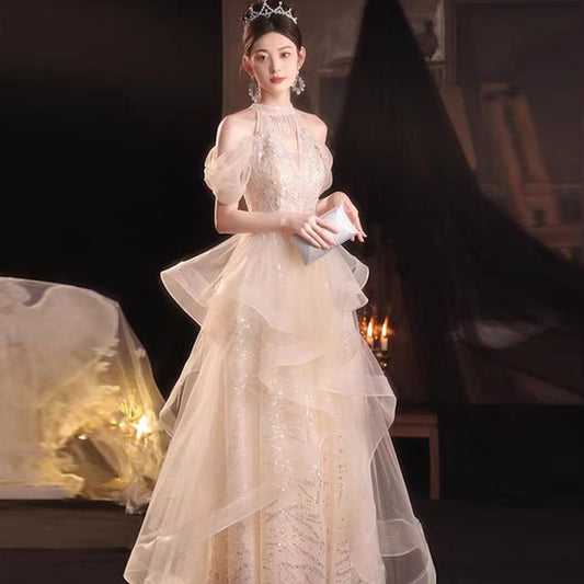 Sequined Ruffled Cold-Shoulder Evening A-Line Gown