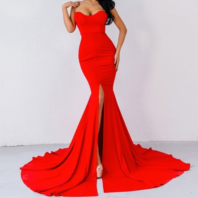 Plain Slit Evening Mermaid Trained Sweetheart Gown Strapless Neckline