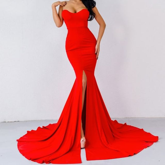 Plain Slit Evening Mermaid Trained Sweetheart Gown Strapless Neckline
