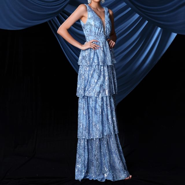 Gown V-Neck Evening Plunge Sequin Sleeveless A-Line Tiered