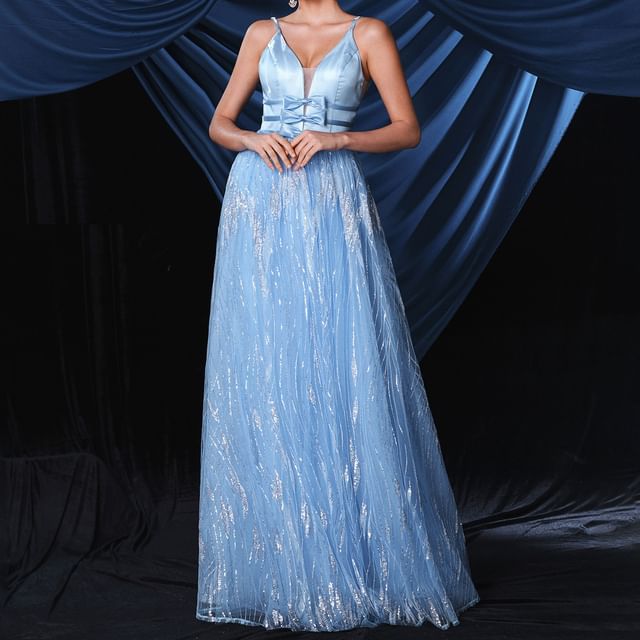 Gown Bow Mesh A-Line V-Neck Spaghetti Open Evening Strap Back Accent Sequin