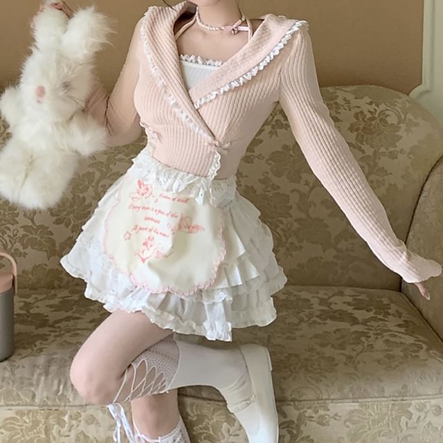 Half Neck Set Rise Accent Tiered Mock Bow Crop Plain / Apron Top High Trim Long-Sleeve Skirt Two-Piece Knit Lace Halter A-Line Mini