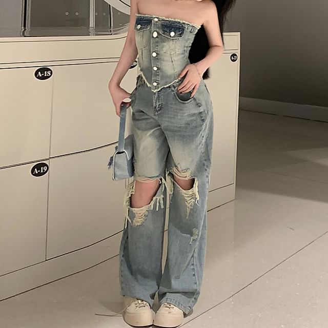 Denim Fit Button-Up / High Washed Rise Ripped Tube Crop Jeans Loose Top Frayed