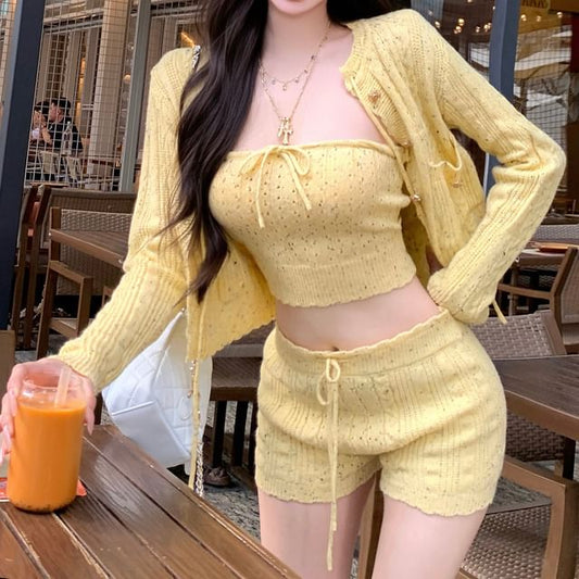 Cardigan Tube Hot Drawstring Pants Waist Speckle Crop Top Perforated / Knit Tie Front