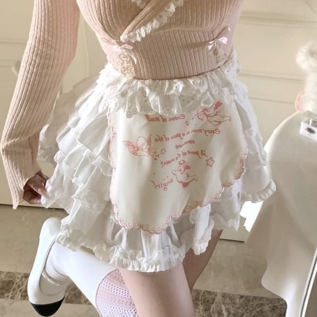 Half Neck Set Rise Accent Tiered Mock Bow Crop Plain / Apron Top High Trim Long-Sleeve Skirt Two-Piece Knit Lace Halter A-Line Mini