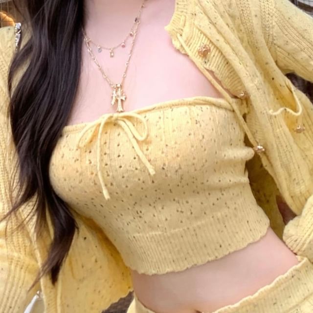 Cardigan Tube Hot Drawstring Pants Waist Speckle Crop Top Perforated / Knit Tie Front