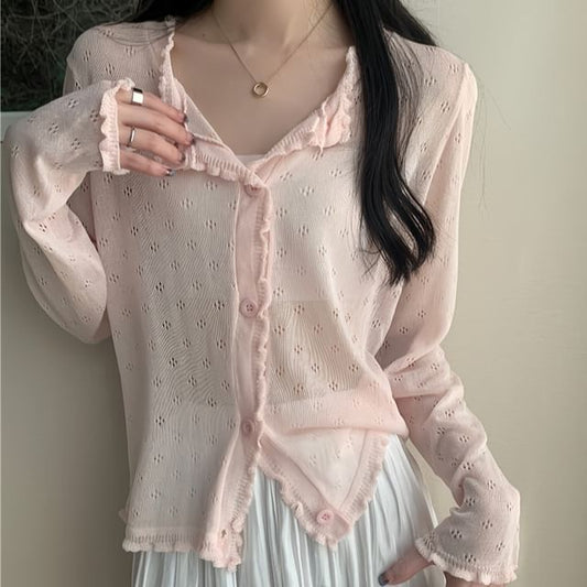 Knit Cardigan Edge Lettuce Pointelle Plain