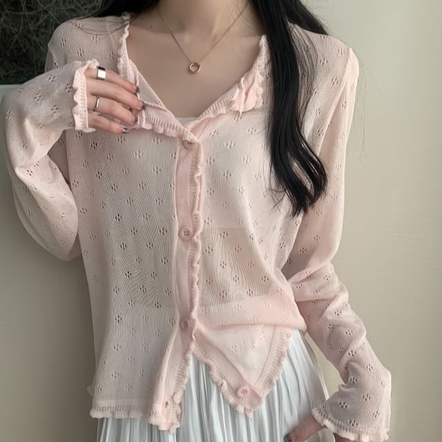 Knit Cardigan Edge Lettuce Pointelle Plain