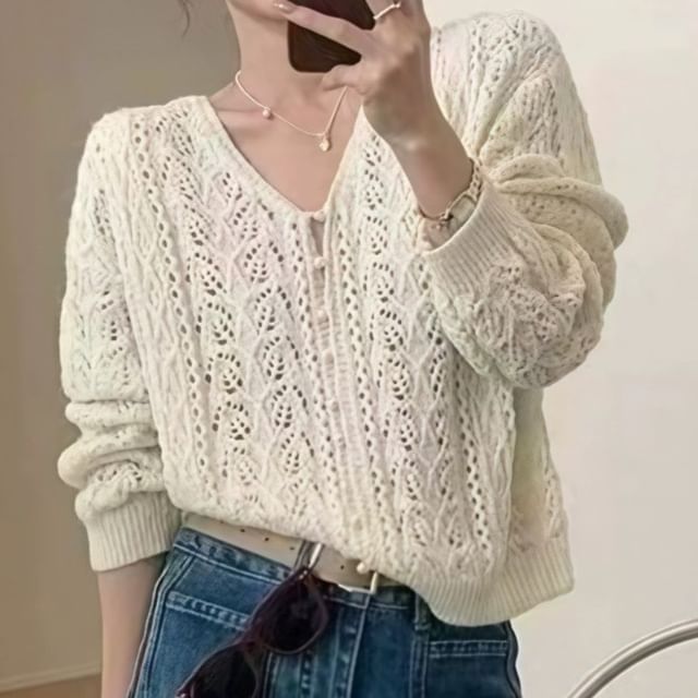 V-Neck Plain Knit Button Cardigan Faux Pearl Pointelle