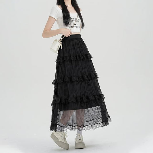A-Line Plain High Skirt Waist Lace Midi Tiered