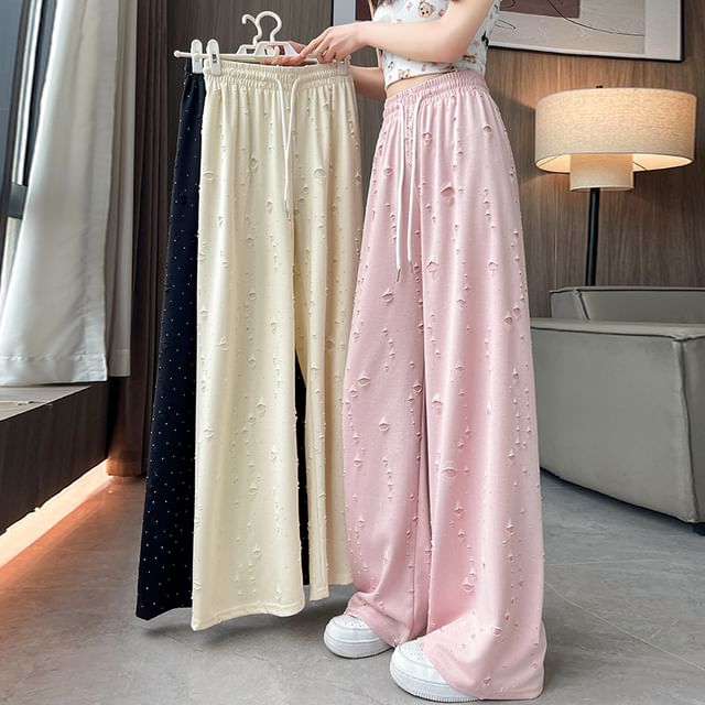 (Various Wide Designs) Waist Leg Drawstring Pants Distressed