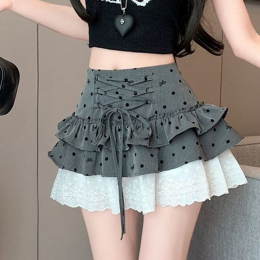 High Tiered Skirt Mini Waist Panel Bow A-Line Lace Dotted