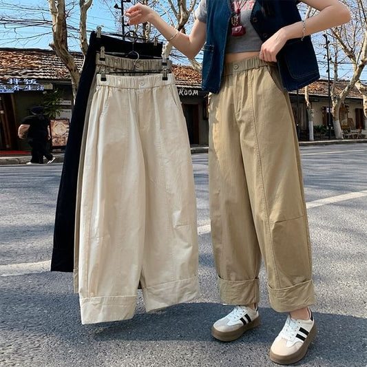 Plain Elastic Pants Cropped Leg Wide Waist