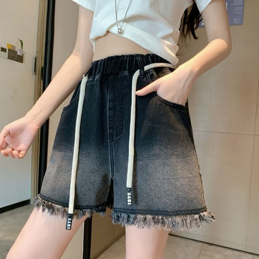 Waist Washed Fringed Drawstring Shorts Denim