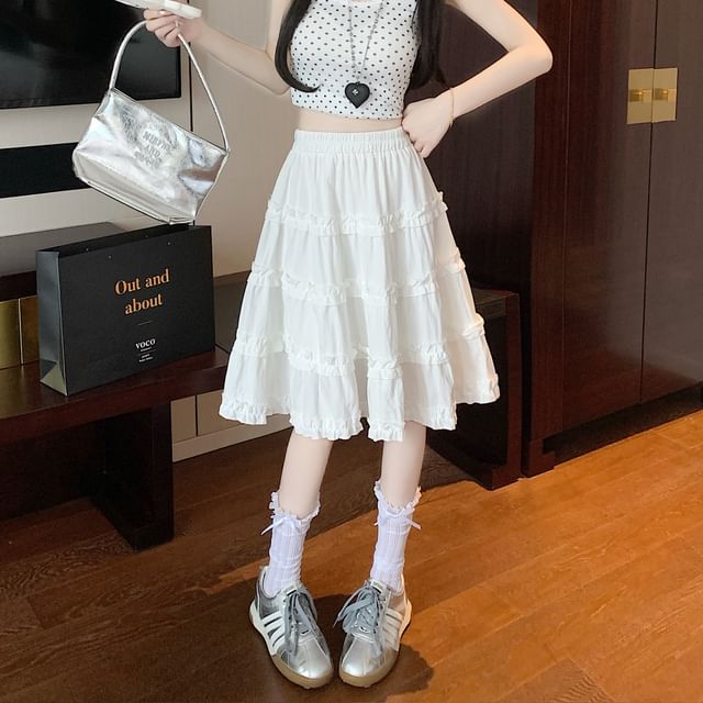 Tiered Skirt Trim A-Line Ruffle Elastic Waist Plain