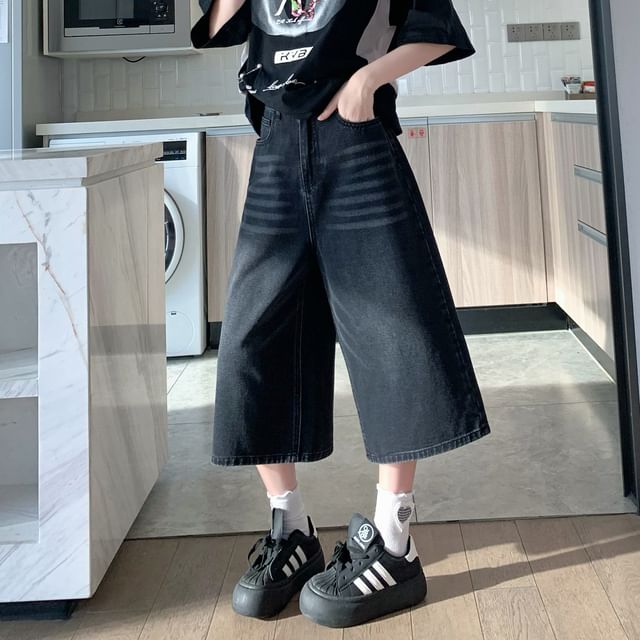 Leg Wide Waist Jeans High Capri Washed