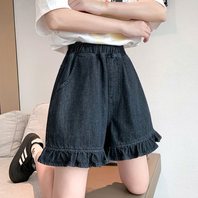 Trim Denim Shorts Waist Elastic Ruffle