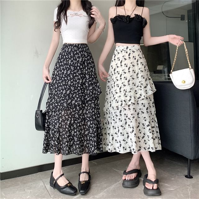Tiered High Midi Rise Floral Slit A-Line Skirt