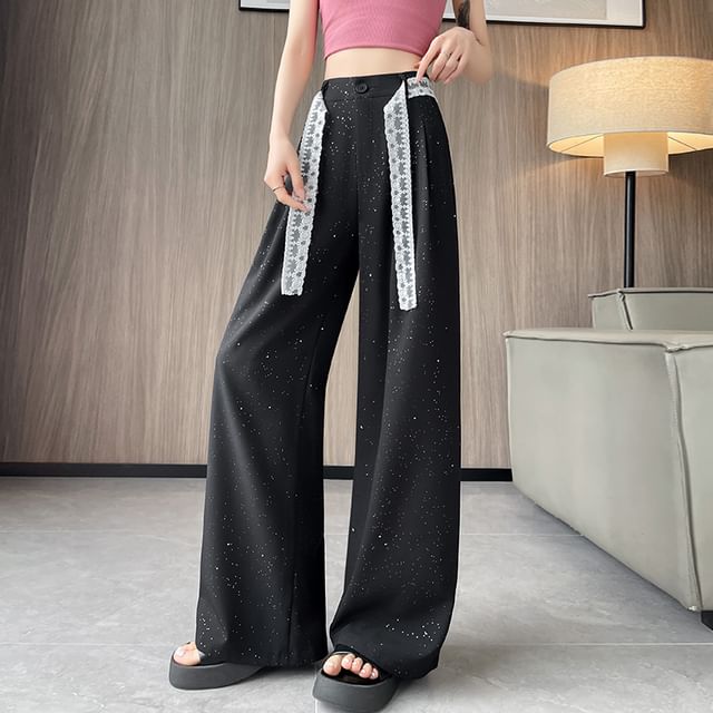 Waist Leg Designs) Panel High Pants Lace Wide (Various Dress Sequin