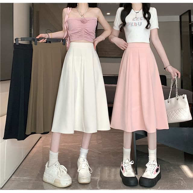 Skirt Midi Waist A-Line High Plain
