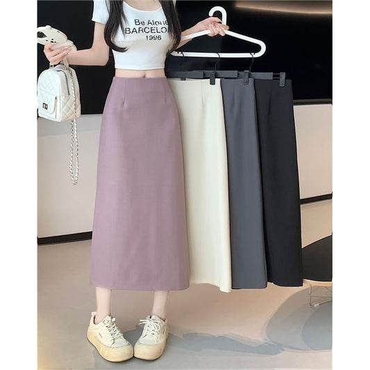 Skirt Plain Midi Rise High Slit A-Line