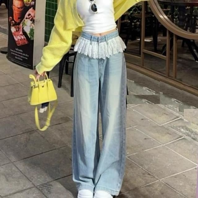 Wide Waist High Washed Jeans Lace Panel Leg