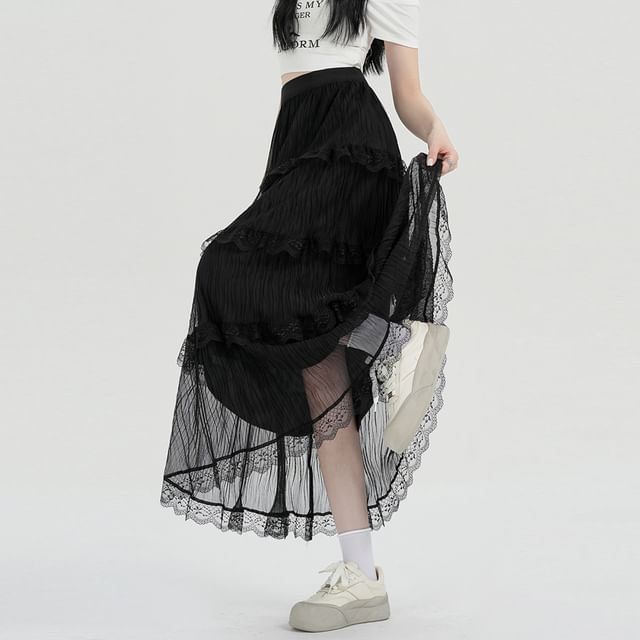A-Line Plain High Skirt Waist Lace Midi Tiered