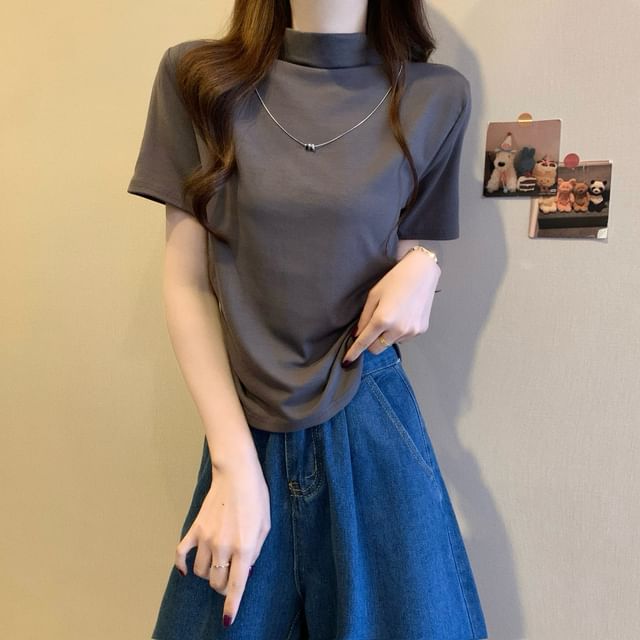 Ruched Neck Top Short-Sleeve Mock Knit Plain