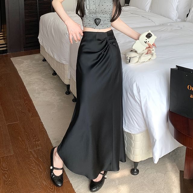 Waist Plain A-Line Ruched Midi Skirt High