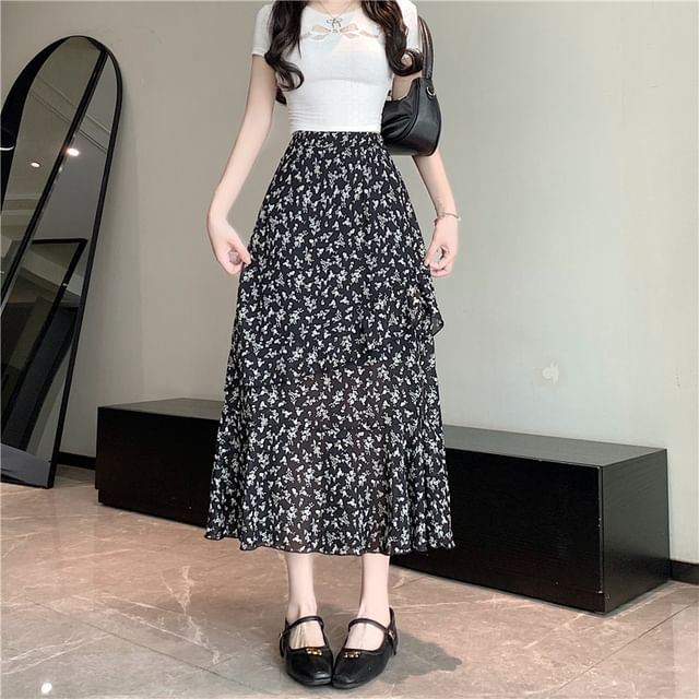 Tiered High Midi Rise Floral Slit A-Line Skirt