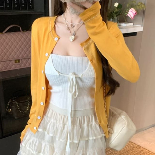 Cardigan Stitching Plain Top Crop Front Neck Tie Ribbed Contrast Round Knit Tank /