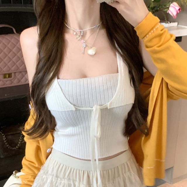 Cardigan Stitching Plain Top Crop Front Neck Tie Ribbed Contrast Round Knit Tank /