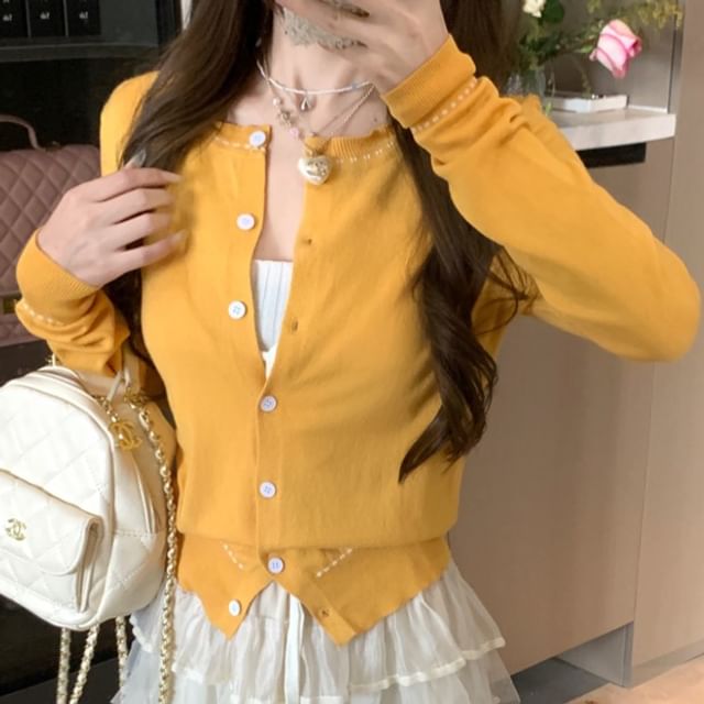 Cardigan Stitching Plain Top Crop Front Neck Tie Ribbed Contrast Round Knit Tank /