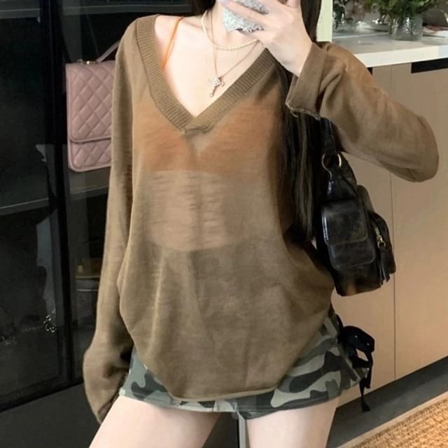 Top Long-Sleeve V-Neck Knit / Bralette Plain