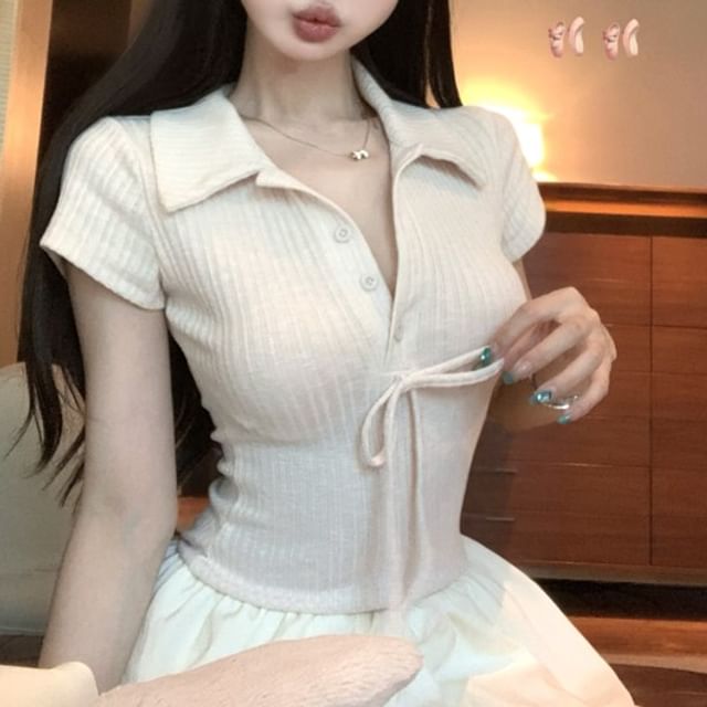 Mock Two-Piece Hem Short-Sleeve Ribbed Bubble Dress Bow A-Line Panel Collar Mini Knit