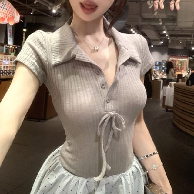 Mock Two-Piece Hem Short-Sleeve Ribbed Bubble Dress Bow A-Line Panel Collar Mini Knit