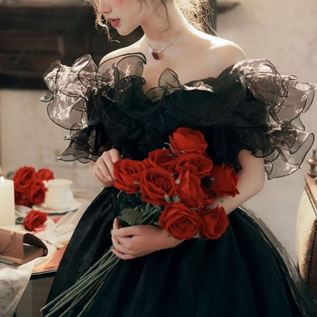 Gown Ruffled A-Line Evening Off-Shoulder