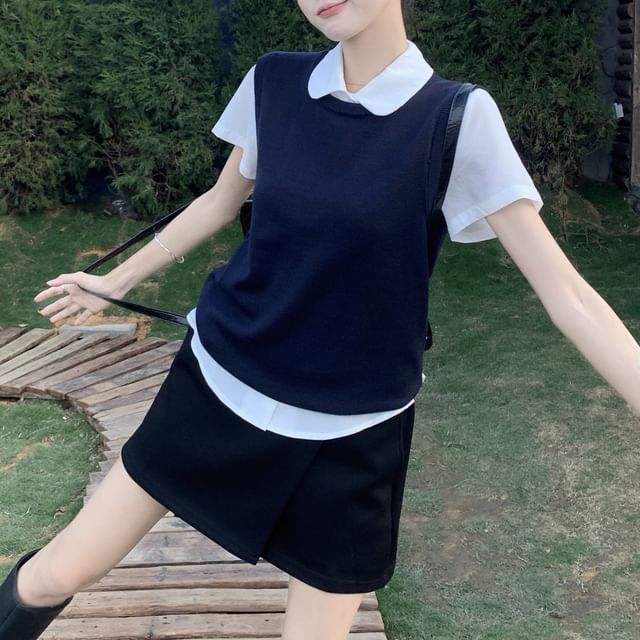 Collared Shirt Short High Plain Waist Mini / Skirt Vest Round Neck A-Line Sweater Sleeve