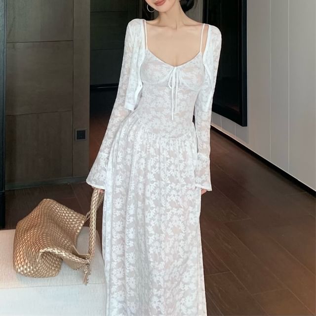 Maxi A-Line Floral Dress Jacquard Strap Bolero / Spaghetti