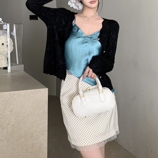 Skirt Dotted Top Embroidered V-Neck Cami Satin Plain Rise Pencil / Cardigan Mini High