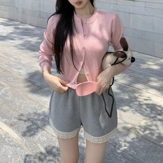 Neck Shorts Lace Panel / Padded V-Neck Cardigan High Waist Round Top Camisole Plain Sweat