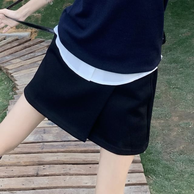 Collared Shirt Short High Plain Waist Mini / Skirt Vest Round Neck A-Line Sweater Sleeve