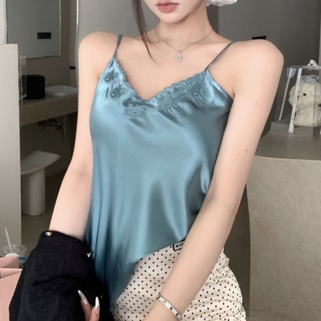 Skirt Dotted Top Embroidered V-Neck Cami Satin Plain Rise Pencil / Cardigan Mini High