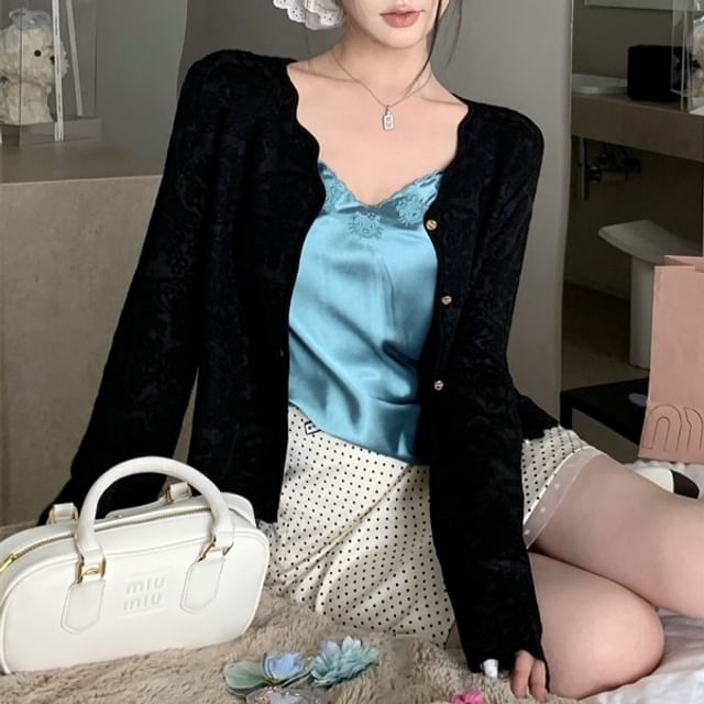 Skirt Dotted Top Embroidered V-Neck Cami Satin Plain Rise Pencil / Cardigan Mini High