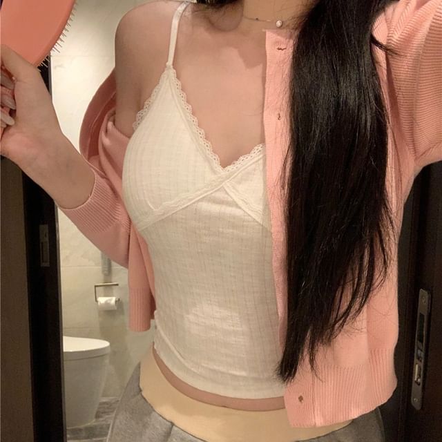 Neck Shorts Lace Panel / Padded V-Neck Cardigan High Waist Round Top Camisole Plain Sweat
