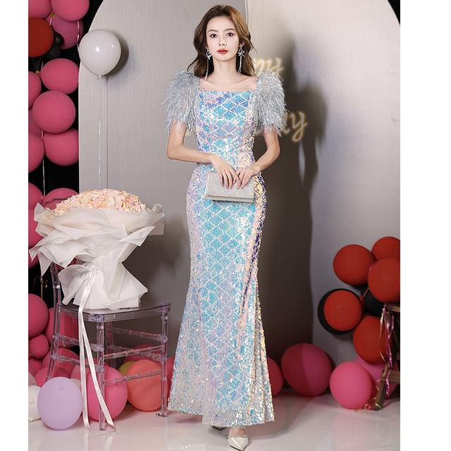 Square (Various Evening Gown Sequined Feather Sheath Neck Designs) Short-Sleeve