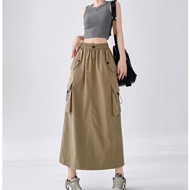 Drawstring Waist A-Line Plain Slit Cargo Skirt Midi