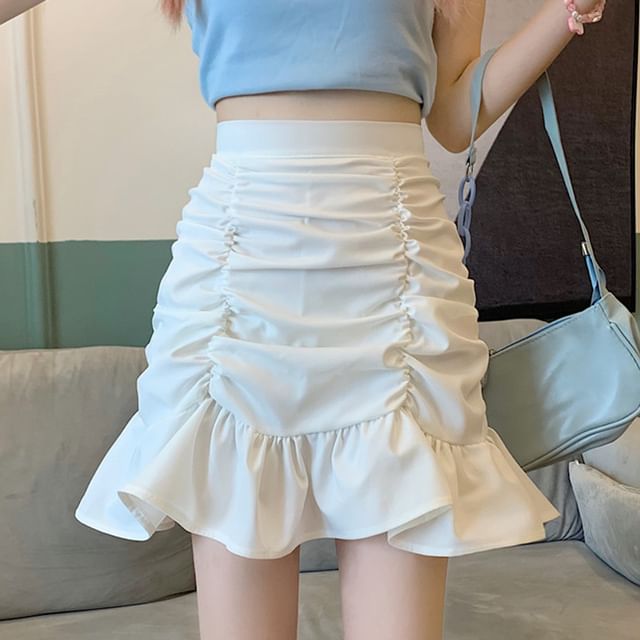Pencil Waist Ruched Plain High Mini Skirt