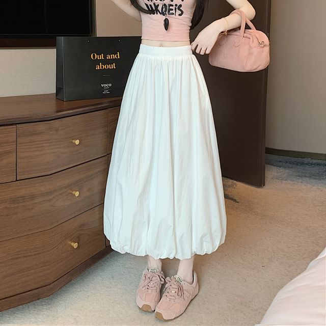High Plain Midi Skirt Hem Bubble Waist A-Line
